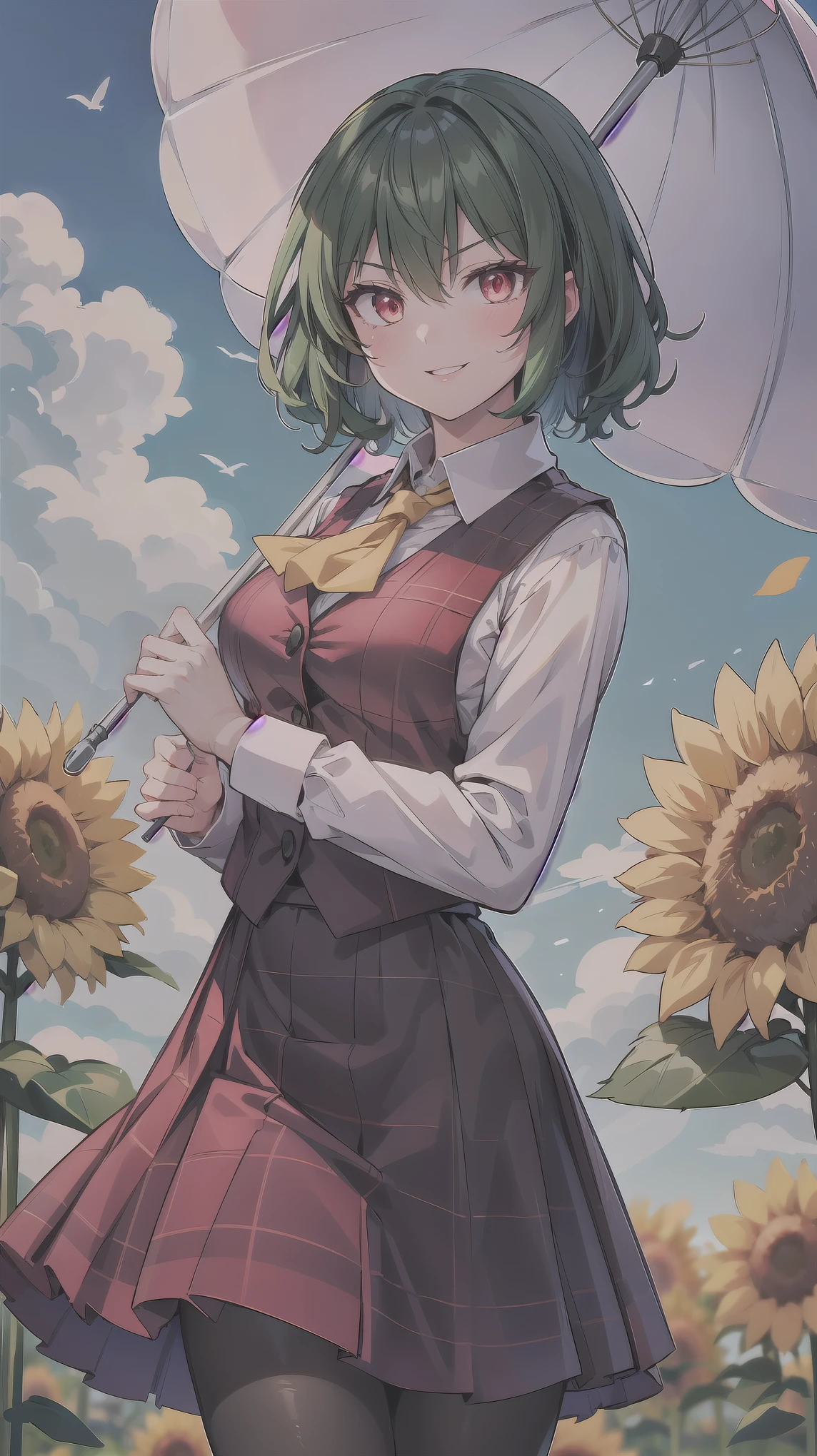 （（super high quality,Ultra-high resolution,16K,super masterpiece,Ultra HD ,Detailed shading,））One Woman,Wavy emerald short hair,White dress shirt,Long sleeve,Yellow ruffled tie,Checkered red vest,Checkered red very long skirt,Black tights,Ruby glowing eyes,Very aggressive look,Sharp Eyes,Smiling lips,She is holding a frilly pink parasol on her shoulder,a blue sky with clouds and sun,Sunflower field,