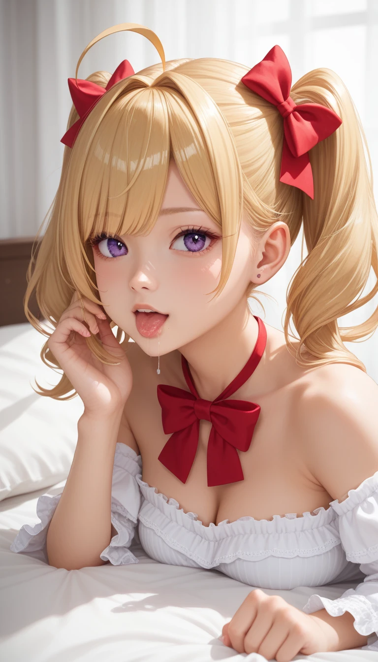 ((masterpiece)), ((highest quality)), (Super detailed), ((cute)), cute, (Lovely), ((sexy)), (device), ((very detailed)), 4k, (8K), highest quality, (beautiful),table top, 1 girl,Flanders Scarlet,Blonde side ponytail、bed、Wearing a white mafia hat、colorful feathers、Completely naked、(heart shaped eyes) 、Ｈcup breast、courtship attitude、I can see the whole body、legs open