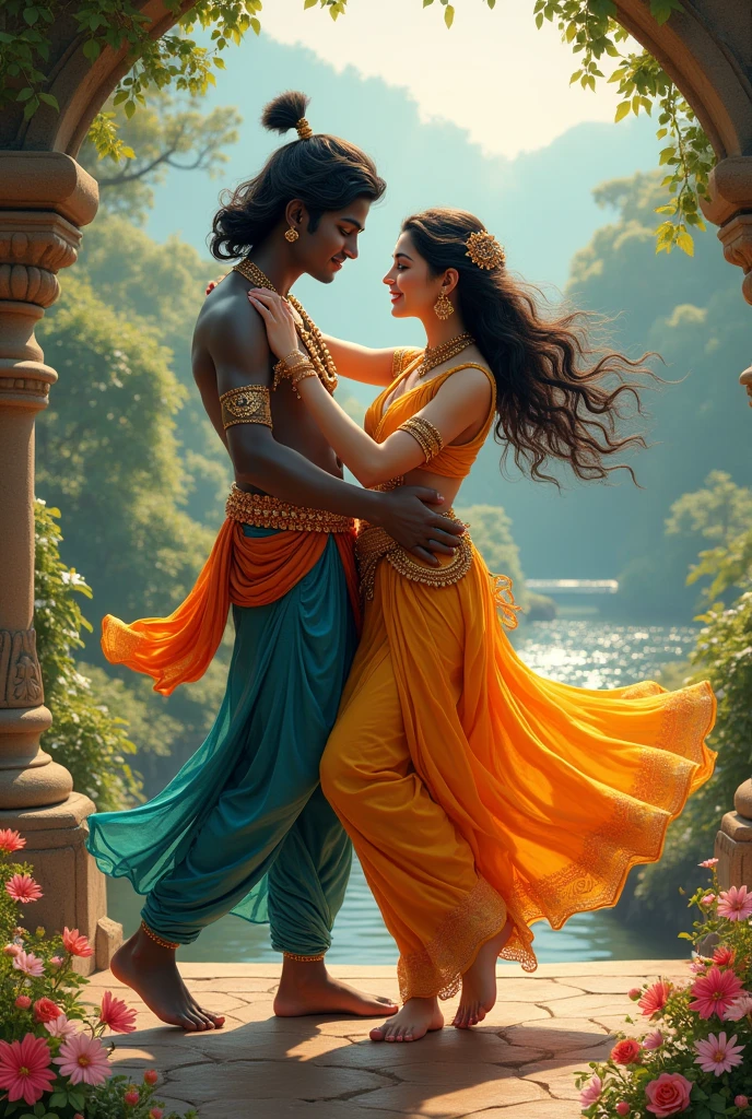 Generate a photo of Radha Krishna dancing