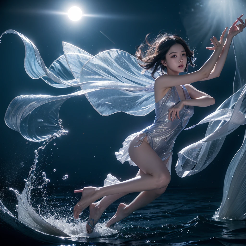 “Fantasy fairy tale in a glass wine bottle”,Taiwanese 20-year-old female pianist,Dynamic pose。Wearing a one-piece dress as elegant as the wind。Her short hair is flying,Fingertips flying on the keys of a white grand piano,physical agility。Fantasy rough sea central background with moonlight shining。The splash effect creates a mysterious atmosphere,Using the Light and Shadow Renderer,Water droplets form butterflies,“No splash ever escapes the glass bottle.”。Precise facial expressions、Finger precision。color palette:dark blue、purple and silver。Dynamic composition captures spinning jumps。 --ar 2:3 -- stylize 850 --q 2 --v 6