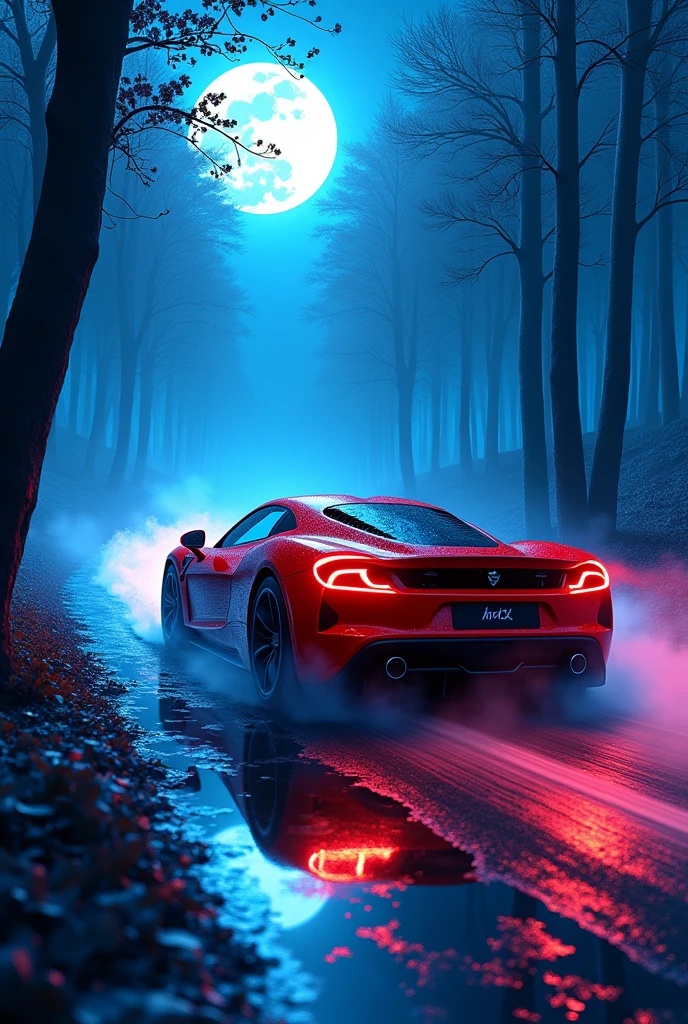 Red car driving in blue trees and moon 