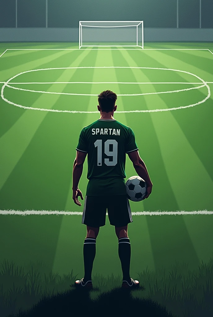 Generate Soccer farewell poster with one spartans turning backside and "SPARTAN" and "19" written on jersey back. Football field as background and holding ball