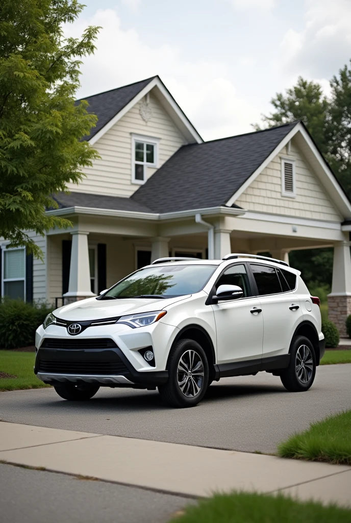 "A clean, practical car parked in front of a suburban house. The car is in good condition but not luxurious, like a mid-sized sedan or compact SUV, showing reliability over extravagance."