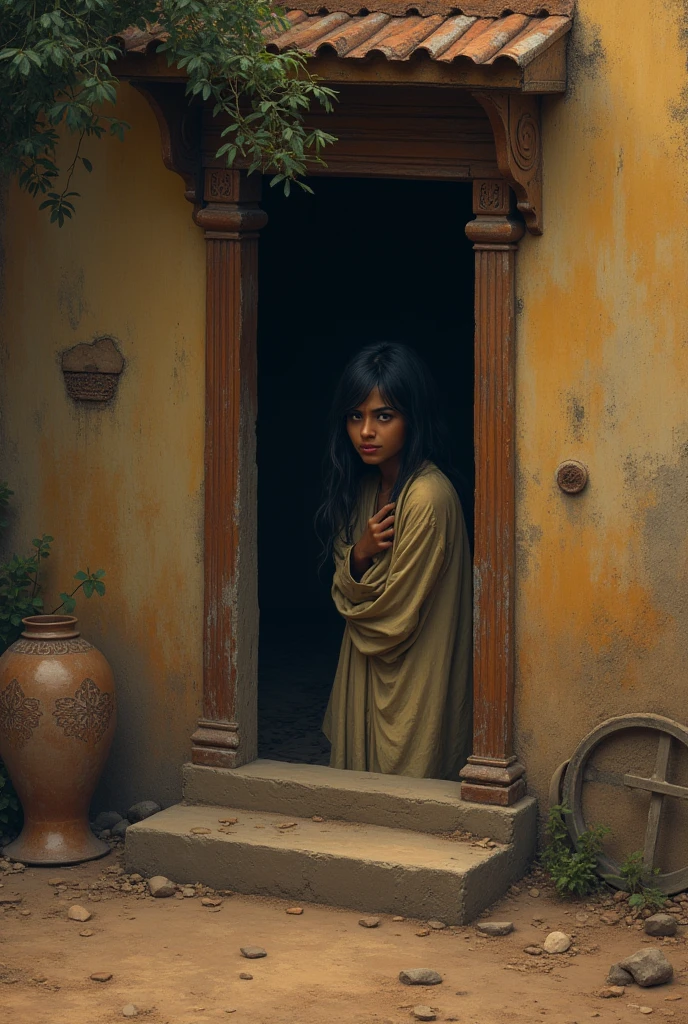 Image of a Indian background with one person seeing in a house from a small hole and the heart of that person is black