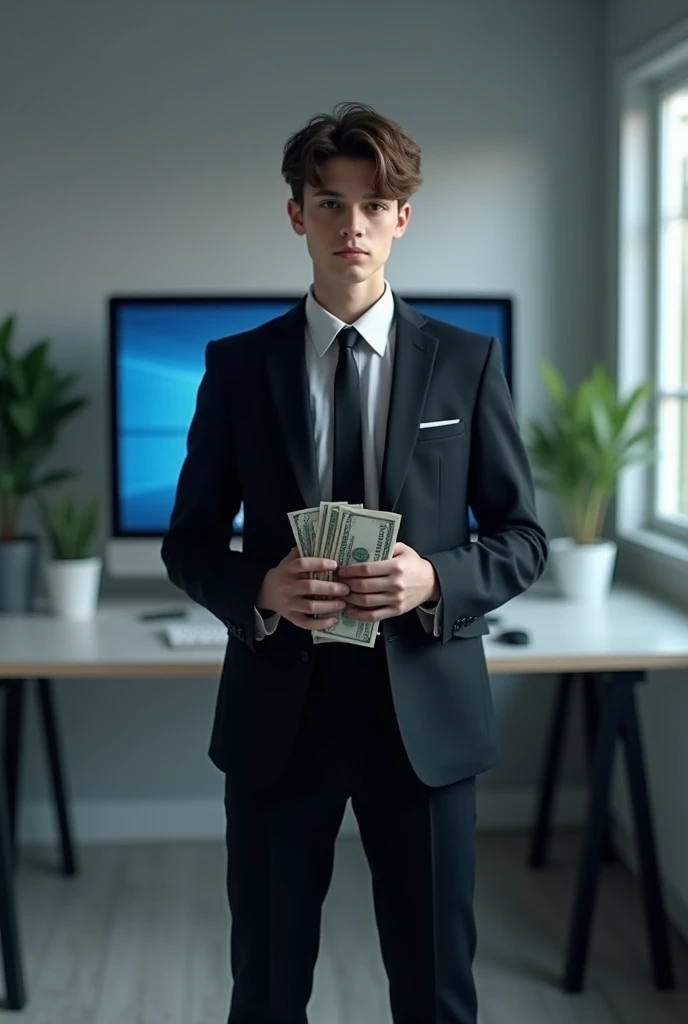 A teenager standing in front of computer screen with black suit and holding dollars in his hand 
