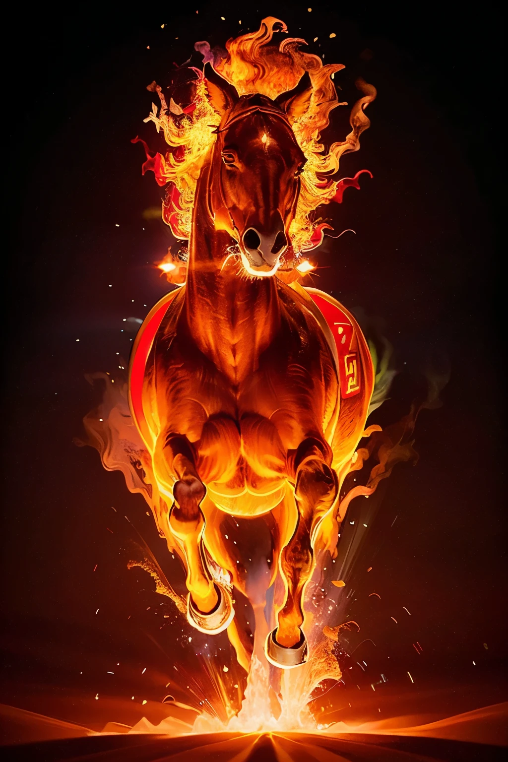 a running horse on fire,(redfire:1.3),
good hand,4k, high-res, masterpiece, best quality, head:1.3,((Hasselblad photography)), sharp focus, (cinematic lighting), collarbone, night, soft lighting, dynamic angle, [:(detailed face:1.2):0.2], outside, city,monochrome background,  