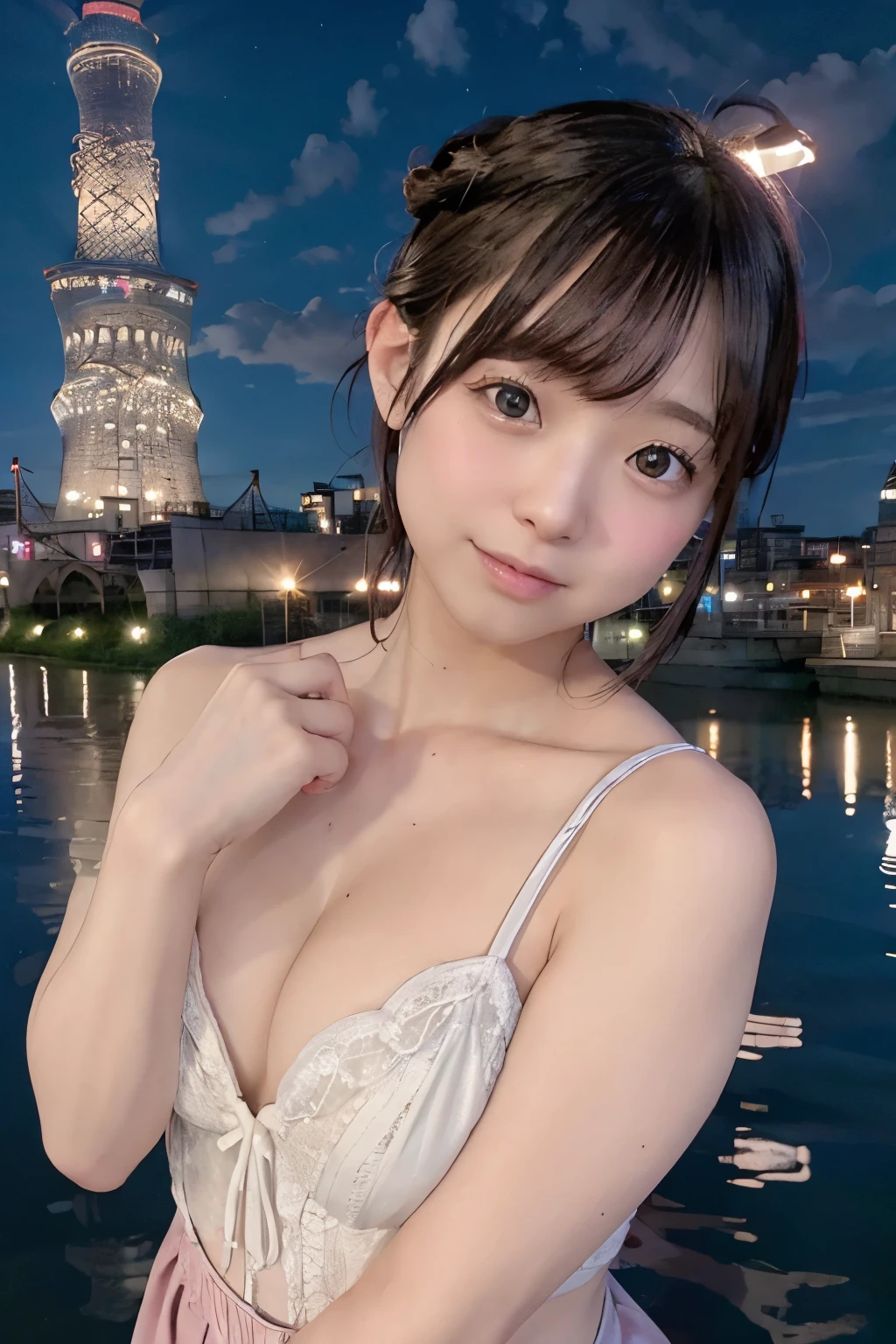 8K, RAW Photo, Best Quality, Masterpiece, Realistic, PhotoRealistic, Extremely Detailed 8k Wallpaper, Beautifully Detailed Eyes, Finely Detailed Face, 
 BREAK 
Cinematic Lighting, [Rim Lighting], 
 BREAK 
(((s-bridge + illumination + s-river + reflection + t-skytree + twilight + cloud:1.7))), 
 BREAK 
Perfectly Anatomically Correct:1.4, 5 Beautiful Thin Finger:1.4, 
 BREAK 
1 Girl, 
Very Short Hair Bun:1.2, Symmetrical Clear Eyes:1.1, Captivating Eye Reflections:1.1, 
[[(Kawaii), [Japanese], Wide-Set Eyes, Big Eyes, Tareme, (White Skinned), Embarrassed, Blush, Very White Skinned, 1, 
(Round Face, Round Chin), Wet Hair, Messy Hair, Open Mouse Slightly, [Pouted Cheek], 
Enjoying, Happy Smiling, Cheerful, 
Wearing Random SHIMAMURA Summer Clothes, 
Looking Back Viewer, [Cleavage], Cross-legged]], 
 BREAK 
SFW:1.0, 
 BREAK 
Distant View:1.7, Wide Shot:1.2, Bokeh:1.2