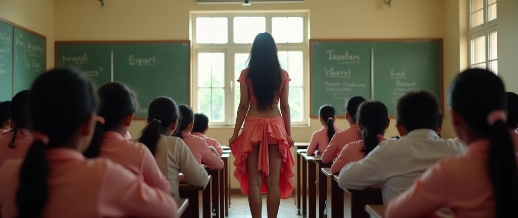 Indian teacher girl aged 25 exposing her panty  in front of a class full of boys of age 14 to 16 while her skirt gets accidentally lift by strong wind. Very sensual and erotic scene.