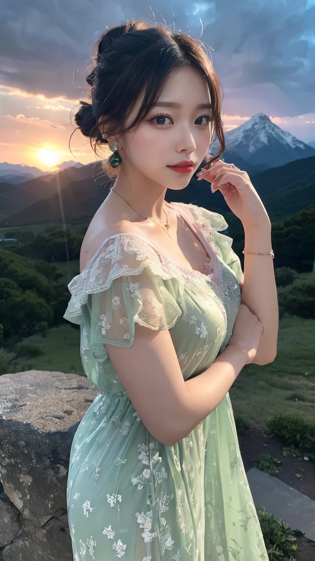 (Canon RF85mm f/1.2,best quality,HDR,Realisticity:1.4,(realistic light and shadow):1.5,Cinematic Lighting),1 girl/((korean mixed,kpop idol,beautiful long_Slender_Legs),(hair bun),(lipstick,pink lips,pink_shiny_lips,pink_eyeshadow,eyelashes,powder_blusher,make-up),(white_shiny_skin,black eyes,Pore,skin texture,shiny),(necklace,earrings,bracelet,florals_tattoo on arm),big breasts),smile,dynamic angle,Dynamic pose,((A dramatic sunset over a mountain range, Vector Illustration, peony, profound, GOYA, A tornado warning with the sky turning green and the winds picking up)),((see-through Nightgown)),bend over,Lean Forward,Big ,full-body shot,