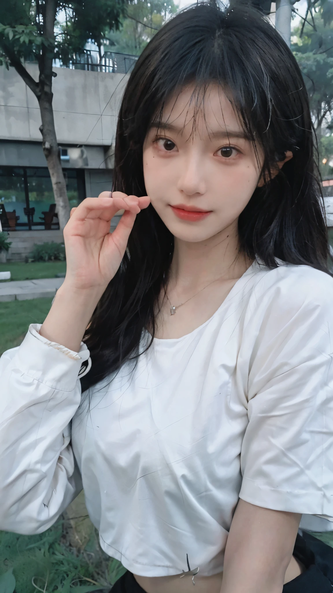 Best quality,Ultra-high resolution,Cute hairpins,(Reality:1.4),Cute hairpins,girll,Black cropped top,Look directly at the audience,Full of atmosphere,Beautiful woman with a slim figure:1.4,lawn,whole body,Super delicate face,Exquisite eyes,Double eyelids,necklace,Black wearing mask,