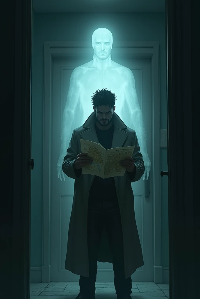 

"Daniel stands in the dimly lit room, holding up the map and explaining the significance of the name 'Valor.' As he speaks, a sudden flashback occurs: a ghostly, ethereal image of Valor appears from behind Daniel, his body partially visible from the back. The image is faint and semi-transparent, evoking a sense of both past and presence, while the room remains shrouded in an enigmatic atmosphere. The contrast between Daniel's present-day narration and Valor's spectral appearance adds a dramatic effect to the scene."