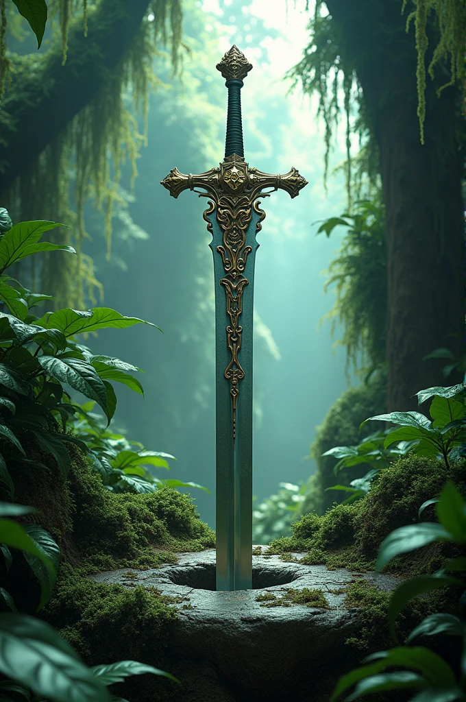 Create a eye-catching image of beautiful sword stuck in rock in the jungle 