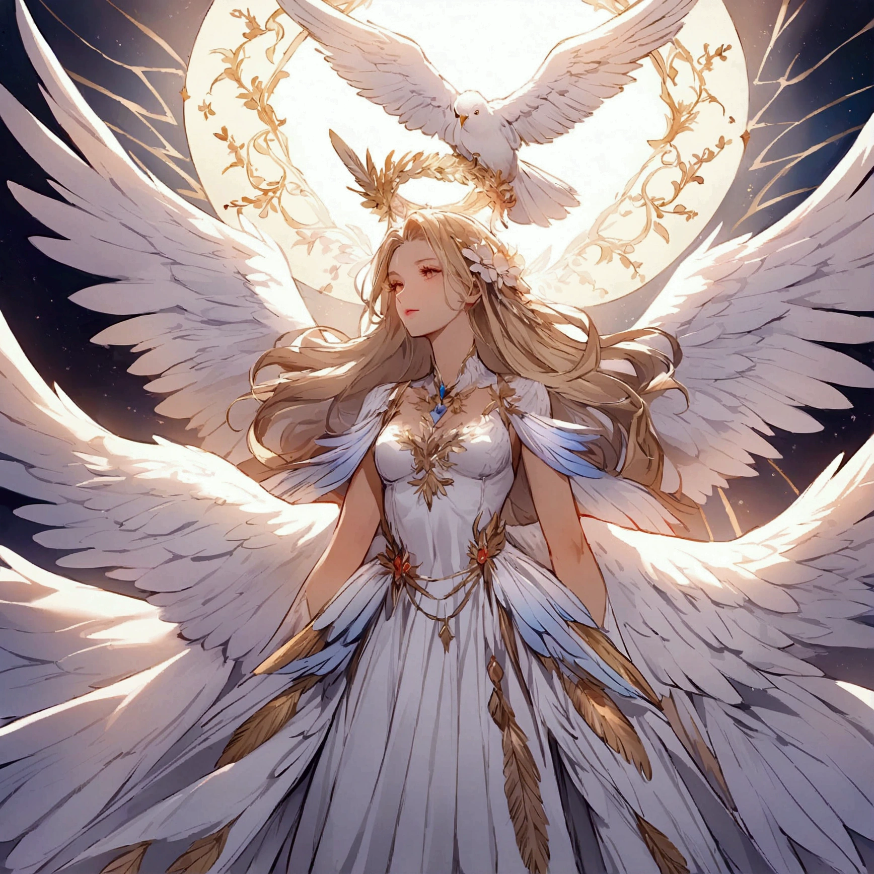 Feathers of every color imaginable, Decorate with many wings like a majestic bird, Showcasing breathtaking natural beauty.Angel