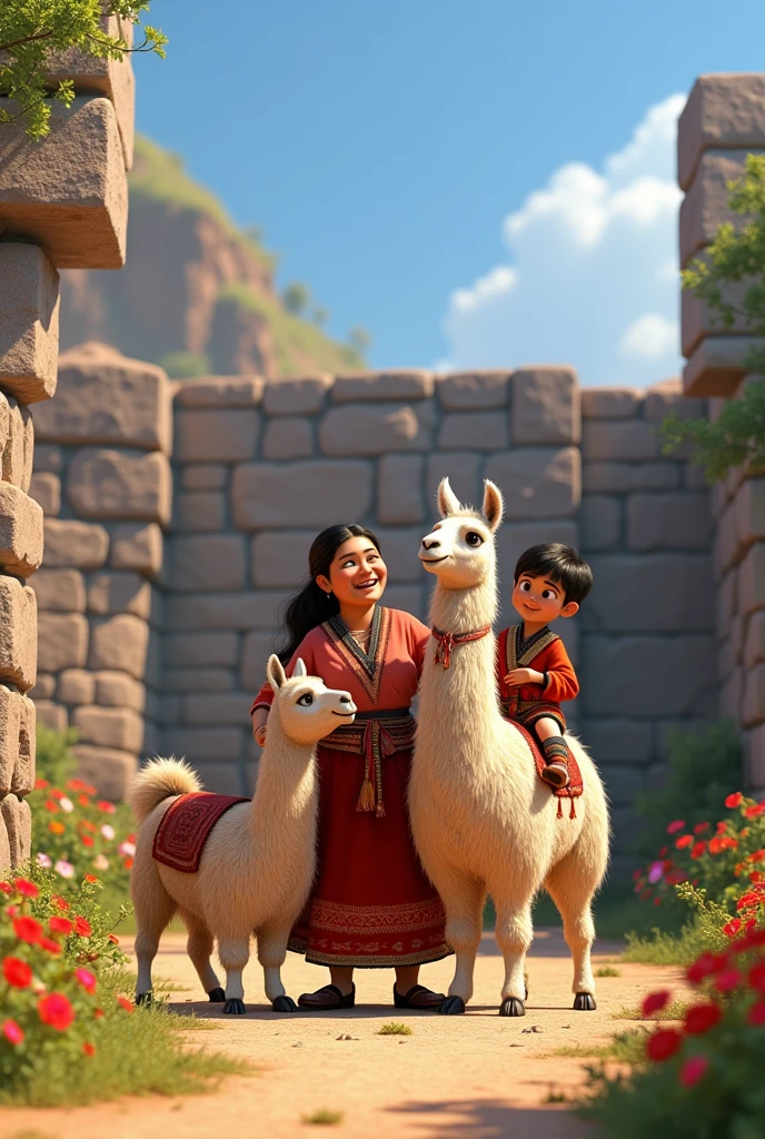Peruvian family and llamas in front of Inca wall, Pixar style
