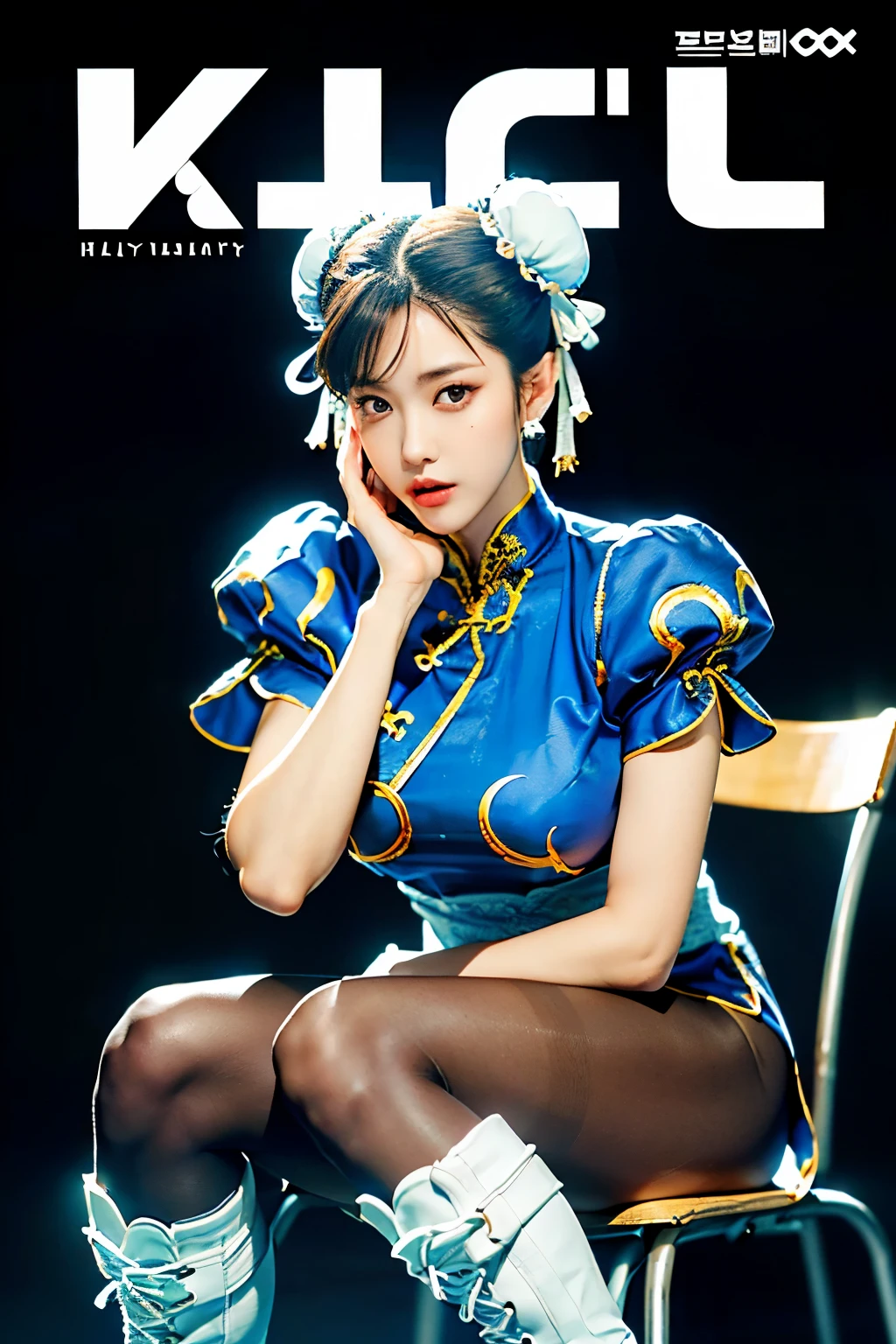 (Chun-Li from Street Fight II:1.2,perfect chun li costume:1.2,Blue cheongsam with gold lines:1.2,Bun head:1.2,bun cover:1.2,sexy pose:1.2,masterpiece:1.2、1 beautiful girl:1.2、fine eyes:1.2、puffy eyes:1.2、highest quality:1.2, 超High resolution:1.2, (reality: 1.4), movie lighting:1.2、Japanese:1.2、asian beauty:1.2、Korean:1.2、super beautiful:1.2、beautiful skin:1.2、body facing forward:1.2、(Full body:1.2,sitting:1.2,chair:1.2,legs togehter:1.2)、(超reality的な:1.2)、(High resolution:1.2)、(8k:1.2)、(very detailed:1.2)、(美しくfine eyes:1.2)、(Super detailed:1.2)、 (simple background:1.2)、detailed face:1.2、bright lighting:1.2、professional lighting:1.2、looking at the viewer:1.2、look straight ahead:1.2、slanted bangs:1.2、Nogizaka Idol:1.2、korean idol:1.2、masterpiece:1.2, highest quality:1.2, masterpiece:1.2, highest quality:1.2, perfect face:1.2, perfect brown eyes with white sclera:1.2, bad move-5:1.2, alone:1.2, 1 girl:1.2, brown hair:1.2, From SF2:1.2, Chinese service:1.2, muscular woman:1.2, blue clothes:1.2, pantyhose:1.2, pelvic curtain:1.2, Puffy short sleeves:1.2, Good cover:1.2, sash:1.2,beautiful calves:1.2,white boots:1.2),