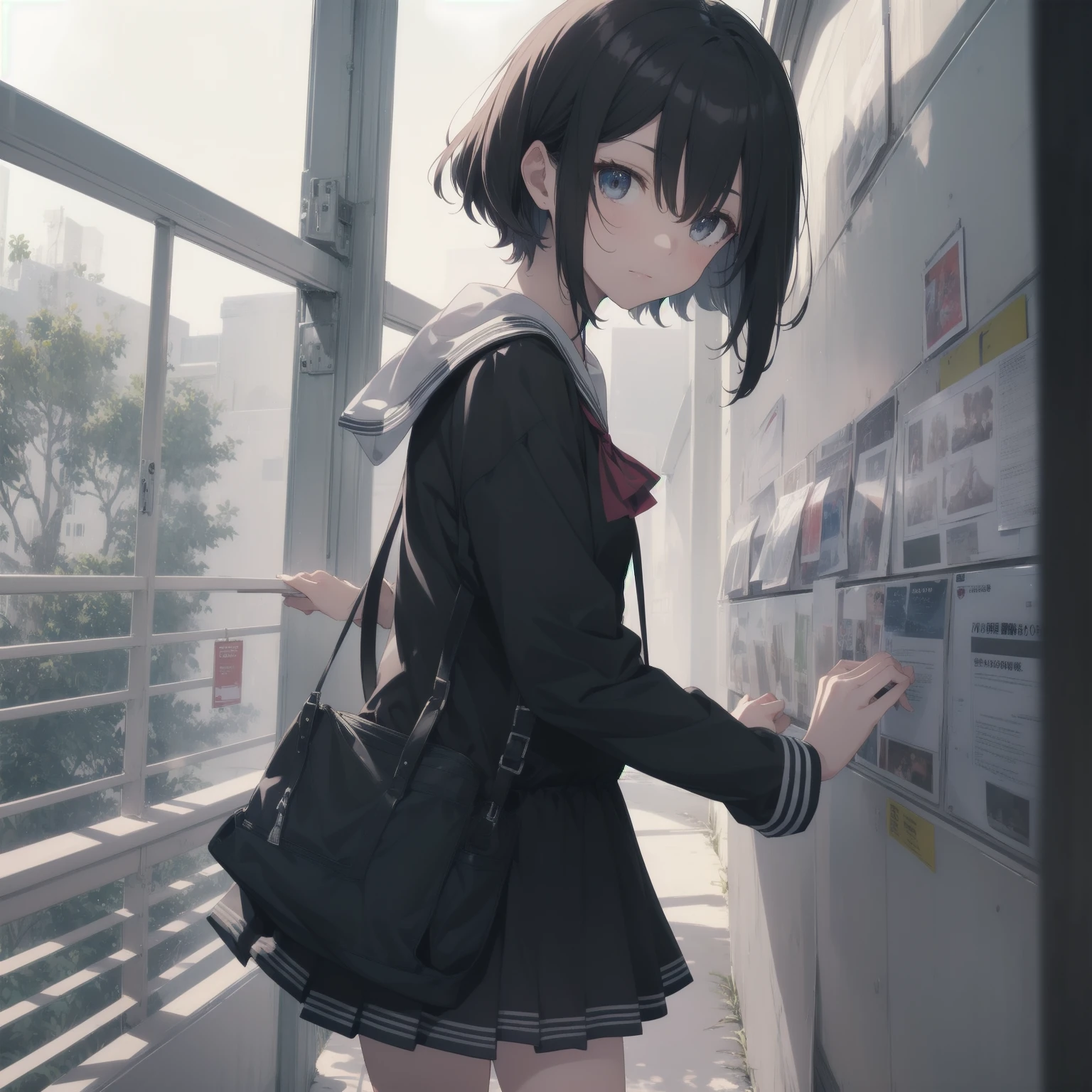 ultra-absurdres-Top quality by artist God, ultra-detailed, high resolution, anime moe artstyle, best anime 8k konachan wallpaper, pixiv contest winner, pool:2810, perfect anatomy,break, 1girl, (Please draw a girl walking sleepily to school alone. )break,(Solo,little female,15yo:1.3),Full limbs, complete fingers,a junior high school student, (very short hair), short cut, flat chest, , small butt, small black eyes, beautiful detailed eyes, well-proportioned iris and pupils, expressive eyes, highres detailed hair, soft expression, salor school_uniform, sailor collar, serahuku, bow, pleated skirt,(Detailed Lighting), (Detailed background), in the School commute route. break,super detailed skin, Best cinematic lighting powered by famous artist, 8k,beauty illustration,photoshop_(medium),very aesthetic,break,((artist:mery_(yangmalgage) )), artist:clamp ,artist:carnelian ,artist:kantoku ,