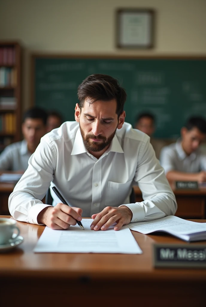 Messi as a school teacher writing in the school.