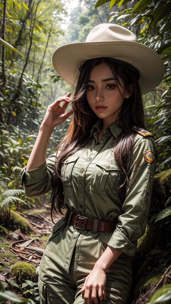 Beautiful 1, with Colombian nationality, posing in a forest, wearing a Colombian military uniform 