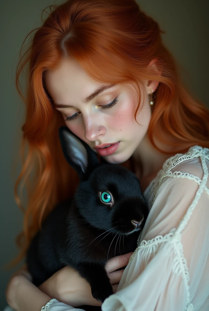 redhead woman holding a black rabbit with blue and green eyes