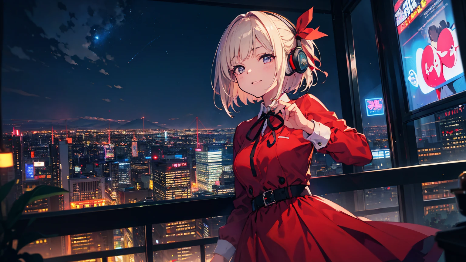 (best quality), ((masterpiece)), (highres), illustration, original, extremely detailed, 1girl, game cg nishikigi chisato, happy, bob cut, hair ribbon, headphones, lycoris uniform, two-tone dress, red dress, grey dress, neck ribbon, long sleeves, look at claw machine, teddy bear, furrowed brow, cityscape, night sky, neon signs, chiaroscuro