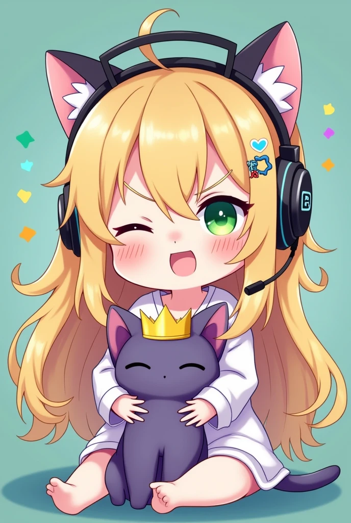 CHIBI BLONDE AUX CHEVEUX LONG AUX YEUX VERT QUI FAIT UN CLIN D OEIL ET QUI AS UN CASQUE GAMING SUR LA TETE ET QUI PORTE DANS SES MAINS UNE PELUCHE D UN PETIT CHAT VIOLET AVEC DES SUPER POUVOIRS QUI AS SUR LA TETE UNE COURONNE DORE
