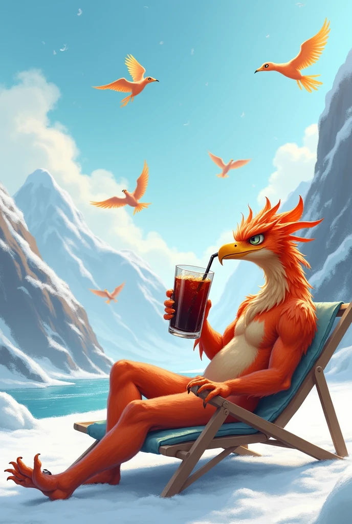 Snow Scenery, Phoenix, Above the snowy mountains, on vacation, sleeping on a beach chair, holding large glass with bird's feet, sucking cola through a straw, BLAKE, multiple phoenixes in the background, Phoenixes diving into the snow, Phoenixes fighting each other with snow,