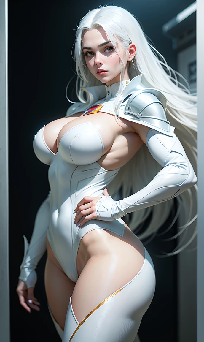A 20-year-old girl with white hair in an elaborate Superman costume with white long sleeves, covering the entire body, white capelet, breasts big, generous neckline, White Superman Costume, Suit with white carbon fiber details, he finished (posing with ass on display:1.2), (details Intricate:0.9), (HDR, Hyper-detail:1.2), (natural skin textures, hyperrealisti, smooth light, Spitz), RAW and 35mm format photos.dark radial background.