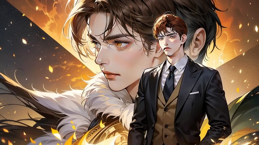 A modern reincarnation of Constantine the Great。masterpiece, Highest quality, Realistic, 1 person, Mature Men,Successful businessman。A quiet and attractive young man, , Serious expression, Mouth closed,, Highly detailed face, Calm expression。Kind and sincere。Cold-hearted。Bright and sharp eyes、eyes like a lion。 ((deep golden eyes)), ((Short, fluffy, dark brown hair)), [Thick eyebrows], ((suit)), Pompidou々。Aura of rulers, whole body,Background of Constantine in Algeria。Spectacular views。