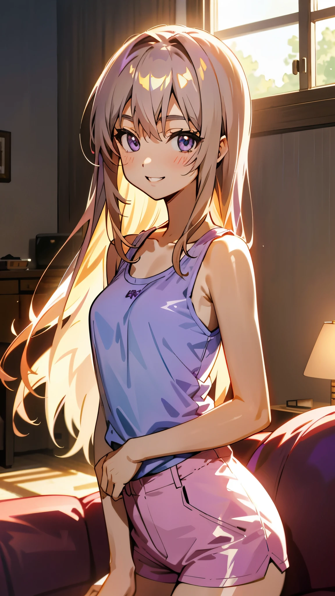 1 person、Anime Style、美しい light brown hair、beautiful purple beautiful eyes、Long Hair、Transparent Hair、Translucent hair、smile、Tank top、hot pants、Western-style room、sofa、morning、Lens flare、Shiny, Glowing Skin