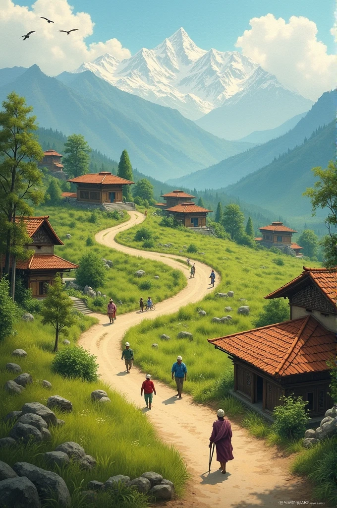 Landscape painting of Nepal which include people are farming , a road, beautiful scenery,birds, greenery ,a Nepali old house