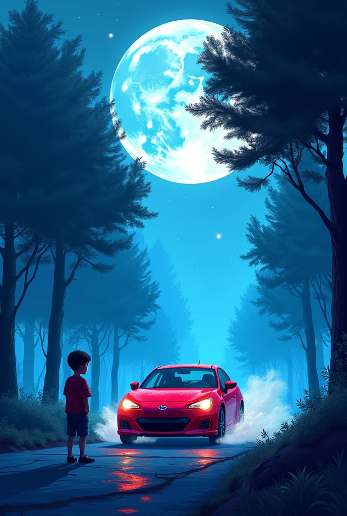 Red car driving in blue trees and moon stand boy