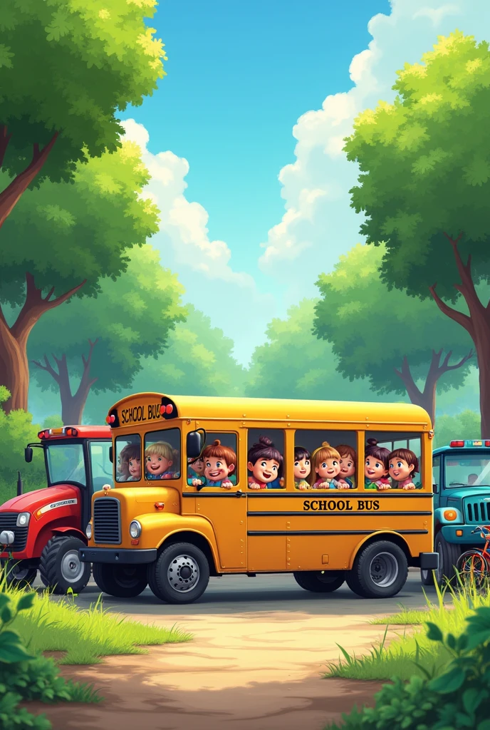 The bus, with side windows full of smiling children's faces, next to a car, a Tractor and a Bicycle in the Park.