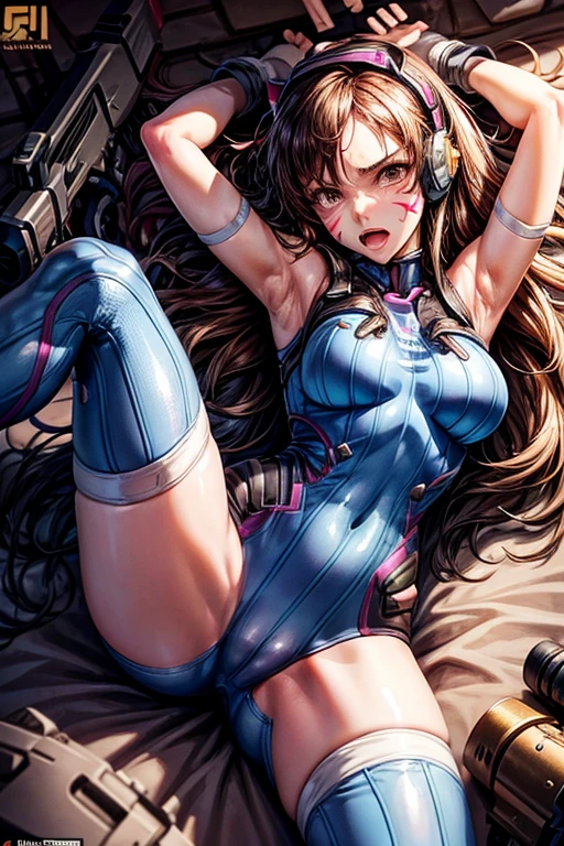 1 girl, (d.va(Overwatch):0.8), alone, long hair, Beard markings, tights, camel toe,nipples, crotch,badly defeated,lies down, getting touched by enemy,brown hair, facial mark, mitt,open mouth, enemy's hands on her crotch, protecting her breast to not get raped, enemy opens her leg,embarrassed and chest, brown eyes, pilot suit, tears, crying, her suits scratched, grabbing her breasr to protect,cowboy shot, earphone, white gloves, breast, sweeping forehead, skin is tight, Animal Print, forehead, Rabbit print, Golji One Piece Stockings, face painting, pink lips,l, holding a gun, serious expression, Suspicious, consideration, investigation, middle of the fight, battle background, DEFEATED