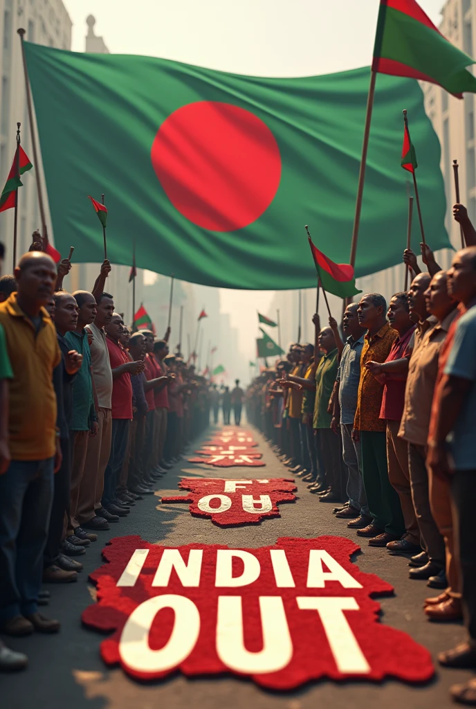Bangladeshi Flag, Huge People, The people of Bangladesh are protesting together, some people will have Bangladesh flag in their hands, in the middle there will be a big flag and there will be a map of Bangladesh.  (India out) mast be written on the ground 3D .
