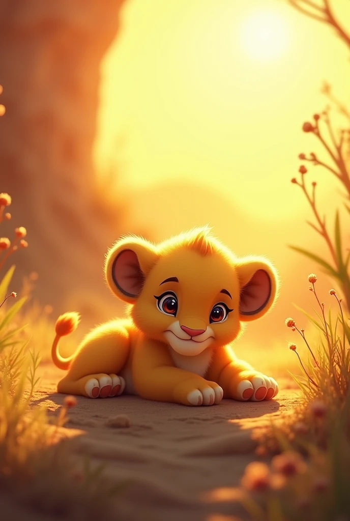 Can you make me a picture with sun on the hand background Can you make a little baby lion to it