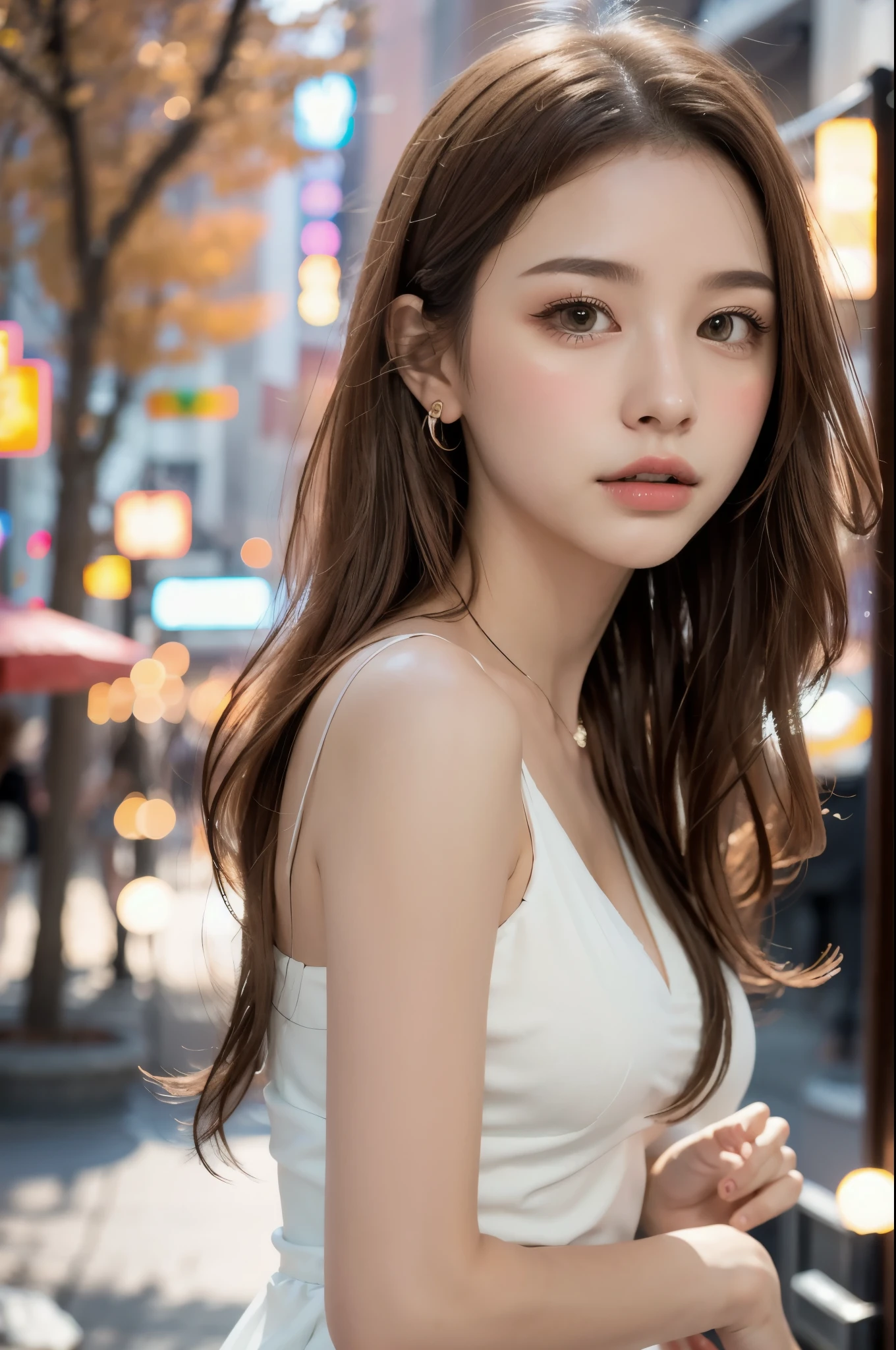 One Girl, Simple Background, Gal, bokeh photography, (soft focus):1.2, out-of-focus highlights, dreamy ambiance, glowing circles, mesmerizing depth, Depth of written boundary