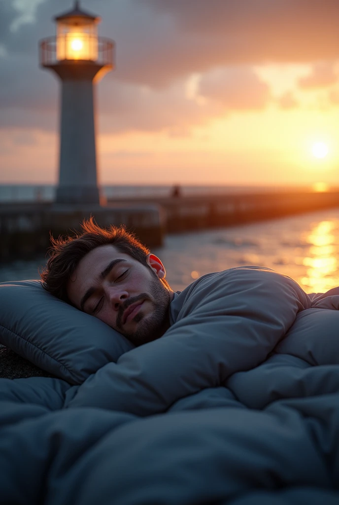 (Photorealism:1.2), man sleeping on a safety beacon of the Gois de Noirmoutier in a duvet at sunset 