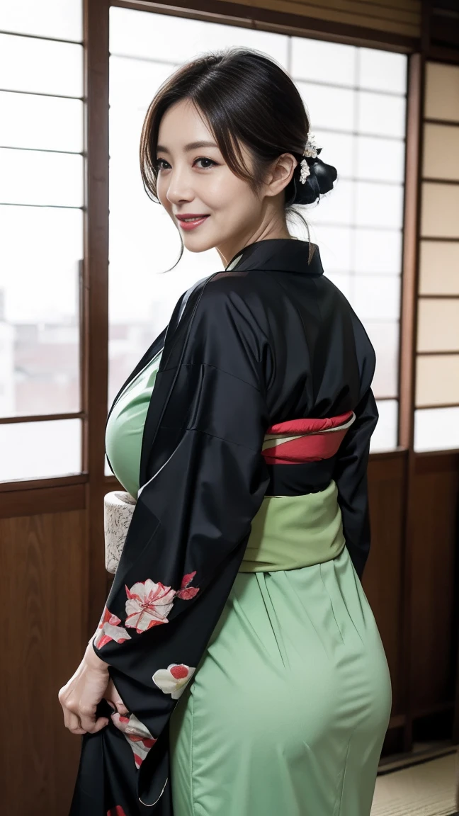 Mature attractive sexy woman,50 years old, ((kimono)),((green))、(((kimono))),Shut,((Big Breasts:1.1)),(Facial wrinkles:1.3),light makeup,Light brown hair,Long Hair,(Full body photo:0.85),(Emphasize big buttocks),8k, RAW Photos, Highest quality, Laughter,masterpiece,Highest quality、A kind smile、Captivating Gaze、Random Hairstyles、Japanese-style room、Shoji Screen、lanthanum、