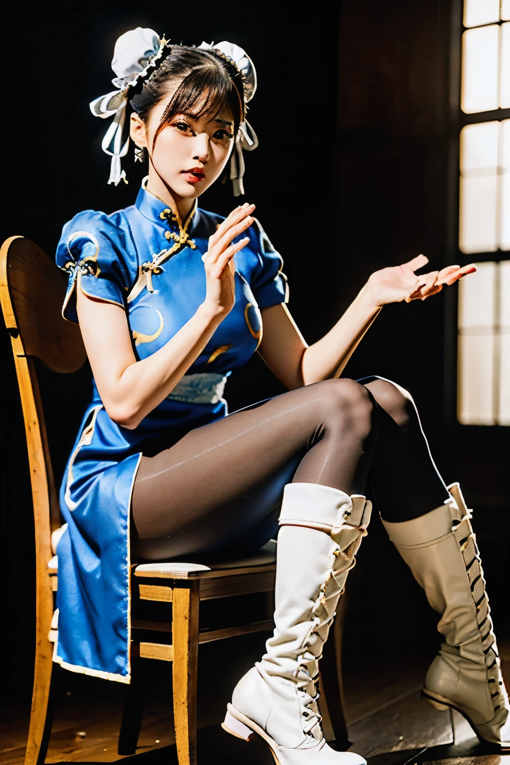 (Chun-Li from Street Fight II:1.2,perfect chun li costume:1.2,Blue cheongsam with gold lines:1.2,Bun head:1.2,bun cover:1.2,sexy pose:1.2,masterpiece:1.2、1 beautiful girl:1.2、fine eyes:1.2、puffy eyes:1.2、highest quality:1.2, 超High resolution:1.2, (reality: 1.4), movie lighting:1.2、Japanese:1.2、asian beauty:1.2、Korean:1.2、super beautiful:1.2、beautiful skin:1.2、body facing forward:1.2、(Full body:1.2,sitting:1.2,chair:1.2,legs togehter:1.2)、(超reality的な:1.2)、(High resolution:1.2)、(8k:1.2)、(very detailed:1.2)、(美しくfine eyes:1.2)、(Super detailed:1.2)、 (simple background:1.2)、detailed face:1.2、bright lighting:1.2、professional lighting:1.2、looking at the viewer:1.2、look straight ahead:1.2、slanted bangs:1.2、Nogizaka Idol:1.2、korean idol:1.2、masterpiece:1.2, highest quality:1.2, masterpiece:1.2, highest quality:1.2, perfect face:1.2, perfect brown eyes with white sclera:1.2, bad move-5:1.2, alone:1.2, 1 girl:1.2, brown hair:1.2, From SF2:1.2, Chinese service:1.2, muscular woman:1.2, blue clothes:1.2, pantyhose:1.2, pelvic curtain:1.2, Puffy short sleeves:1.2, Good cover:1.2, sash:1.2,beautiful calves:1.2,white boots:1.2),