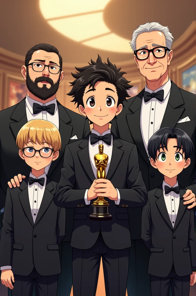 Make a drawing in anime animation where in a film studio there is a family, an 1 boy has fair skin and a young, smiling face.. He has short, wavy black hair that is a little messy on top.. The forehead is medium in size, and the eyebrows are thick and well defined. The eyes are medium in size, dark, and the smile is friendly He has a thin mustache and a full beard on his chin, but the cheek area and the rest of the face are sparsely bearded, which gives a distinctive look. He is wearing a smolking and dress pants and is holding an Oscar that says best actor., a man who appears to be 30 years old and is fat, white with a full beard, use your eyes, half bald with black hair and black eyes also wearing a smolking and dress pants, a thin 30 year old woman, fair skin, straight black hair, ovoid face and black eyes, she is wearing an elegant dress, a very tall, fair-skinned, blond 1 boy, light green eyes and wearing a smolking and dress pants, a boy with fair skin, slicked black hair, a tiny mustache developing, almost invisible, black eyes and he's wearing glasses, he's wearing a smolking and pants. They are all looking forward like a photo and in the studio where they are, they put references to the cinema without changing anything that I asked for.