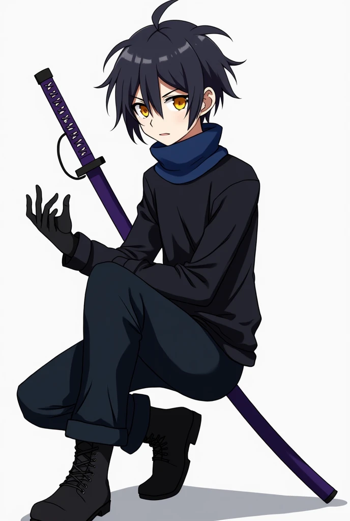 A teenage anime-style male character with short, long black hair covering the left side of his eye a little and with a slightly large ponytail., with big yellow eyes, with thick black sweater with dark blue turtleneck shirt, black pants and black men&#39;s boots, with black gloves, and with 1 purple sheathed Katana on the back.