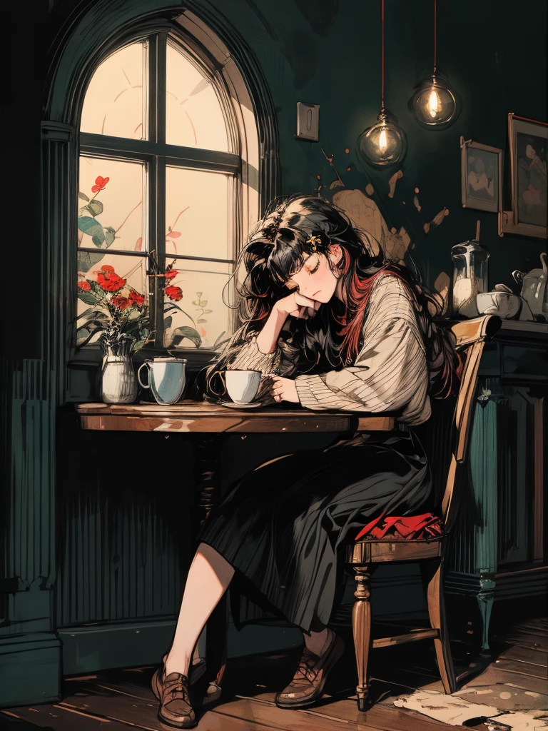 beni, solo, 1girl, yellow_pupils, black_hair, red_flower_hair_ornament, Contemplating, (((background home))), window, sleeping, table, large home side, small character, (((full body))), coffee, long hair, cozy house, cat