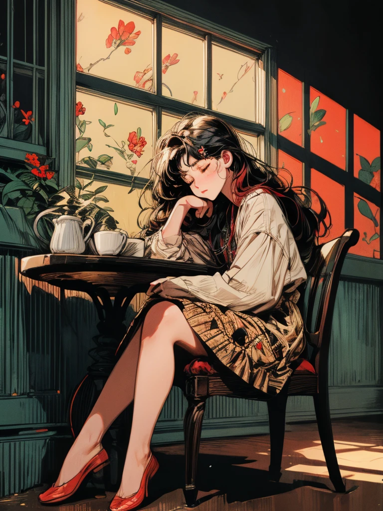 beni, solo, 1girl, yellow_pupils, black_hair, red_flower_hair_ornament, Contemplating, (((background home))), window, sleeping, table, large home side, small character, (((full body))), coffee, long hair, cozy house, cat