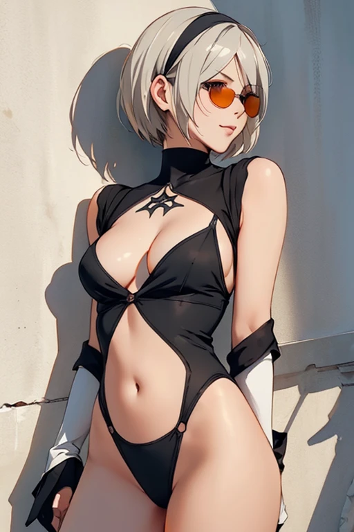 {(masterpiece,best quality, 16K illustration, UHD, extremely detailed the work, detailed beautiful face and eyes and skin and hair)} 
BREAK {erotic face,looking away,enchanting smile,profile,cowboy-shot,from below}
BREAK {solo, (2B of Nier-Automa:1.4)), (perfect female body,small breasts),(lightbrown_lightwhite colored hair:1.4, short cut hair), (medium mouth:1.2),(narrow and sharp eyes:1.4,blue-glay eyes,sparkling eyes:1.1) 
BREAK {(Nier-Automata-2B costume:1.2),(cleavage between breasts:1.2),(black hairband:1.4)} 
BREAK {(small-diameter round darkorange-lens-sunglasses:1.4),(hand on sunglasses:1.4)} 
BREAK {(Part of the stucco wall is brick:1.2),(cast a shadow on the wall:1.2),bullet holes in the wall} 
BREAK,{(anime illustration style:1),(watercolor image:1.2),(sketch drawing),overall dark color}