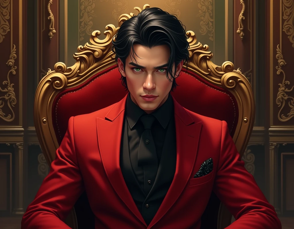 (Manhwa:3.2) Black Hair, Green Eyes, Handsome Face Red Suit, Black Tie, Royal Room Background, Sitting in a chair,