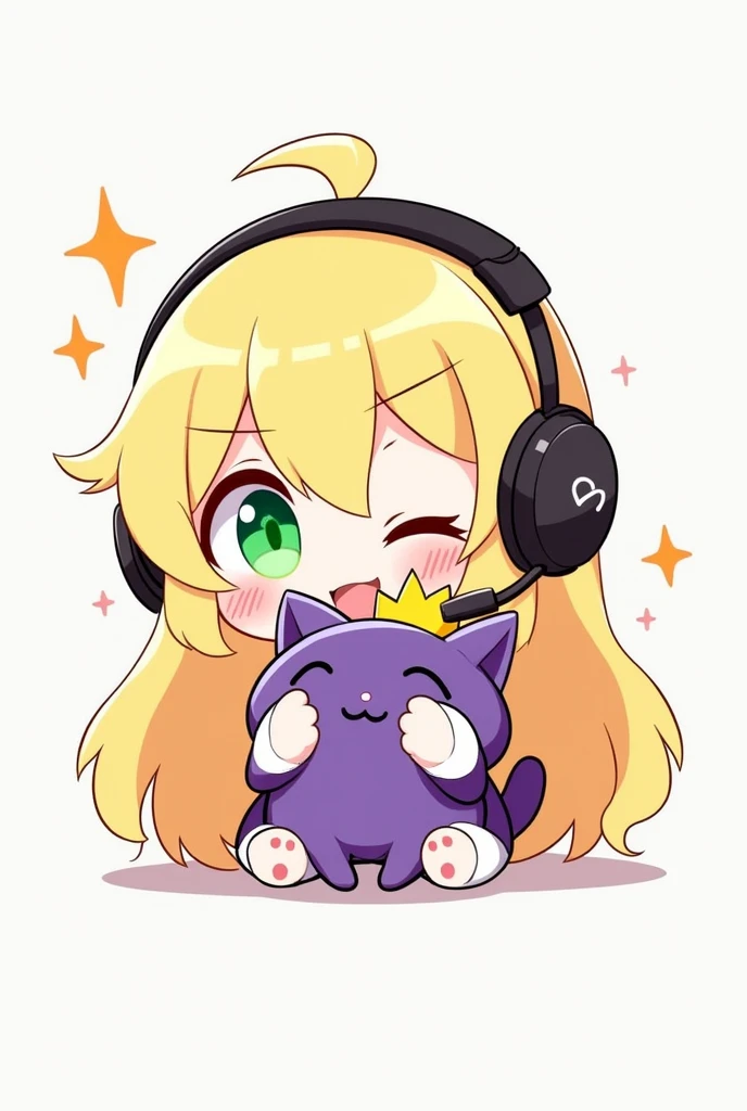 CHIBI BLONDE AUX CHEVEUX LONG AUX YEUX VERT QUI FAIT UN CLIN D OEIL ET QUI AS UN CASQUE GAMING SUR LA TETE ET QUI PORTE DANS SES MAINS UNE PELUCHE D UN PETIT CHAT VIOLET AVEC DES SUPER POUVOIRS QUI AS SUR LA TETE UNE COURONNE DORE LE DESSIN DOIT ETRE EN MODE DESSIN