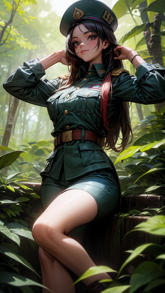 1female,41 years old,熟妇,A MILF ,Married Woman, mature,plumw,extremely large bosom ,Pornographic exposure, 独奏,(Background with:stunning view,ln the forest,city ruins,There is a lot of war)Snow-white skin, She has short black hair,Stand deep in the forest,seen from the front, hair straight,(((tmasterpiece),(Very detailed CG unity 8K wallpaper),best qualtiy,cinmatic lighting,detailed back ground,beatiful detailed eyes,Bright pupils,Redlip(Very fine and beautiful),(Beautiful and detailed eye description),ultra - detailed,tmasterpiece,)),facing at camera,A high resolution,ultra - detailed),revealing breasts,Bare genitalia, Bulge,legs are open,Raised sexy,Camel toes,Flushed complexion,Soviet soldiers,frontage,military hat(Wearing:Dark green blazer,Tactical belt,Black tights)
