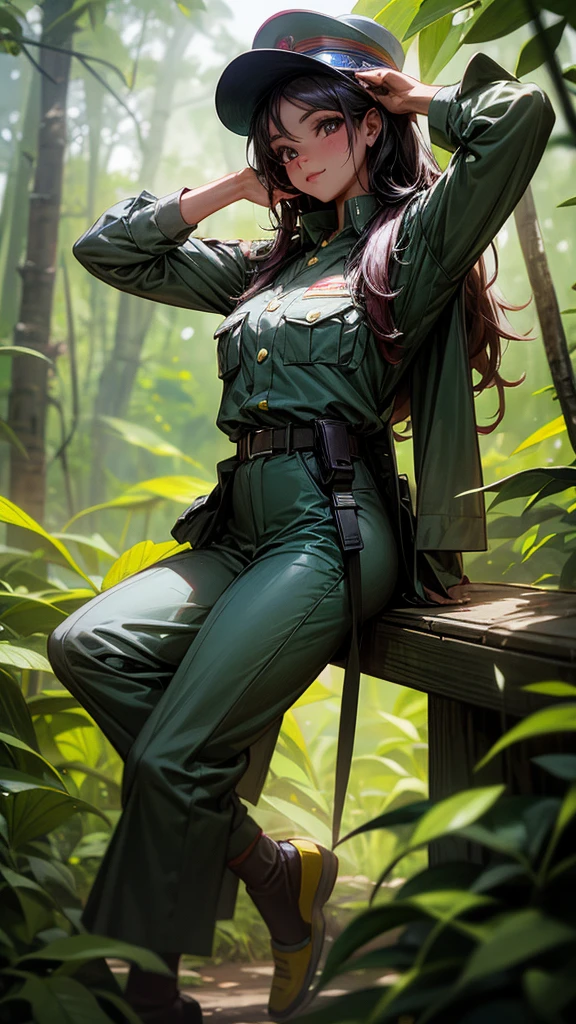 Beautiful 1, with Colombian nationality, posing in a forest, wearing a Colombian military uniform