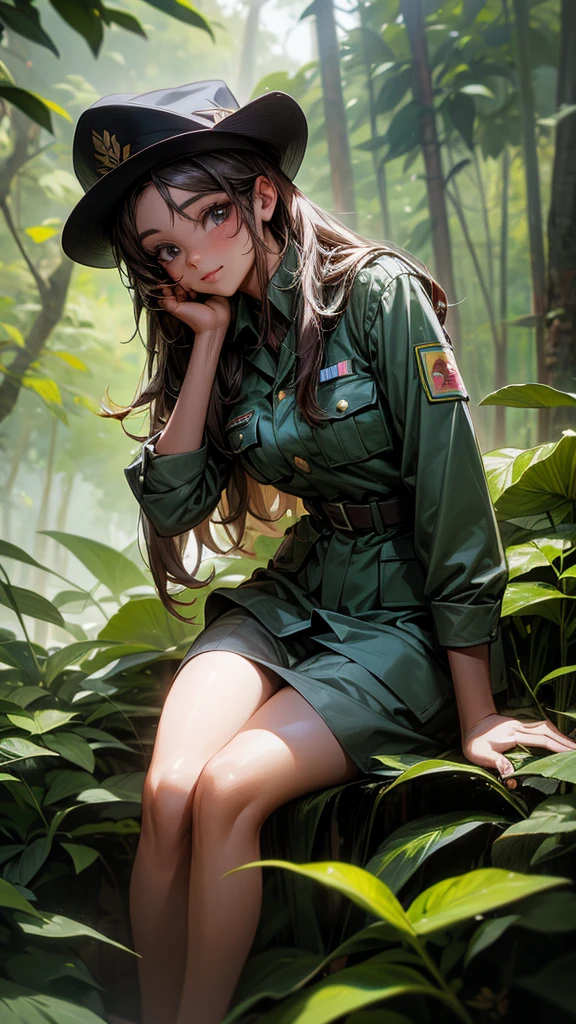 Beautiful 1, with Colombian nationality, posing in a forest, wearing a Colombian military uniform 