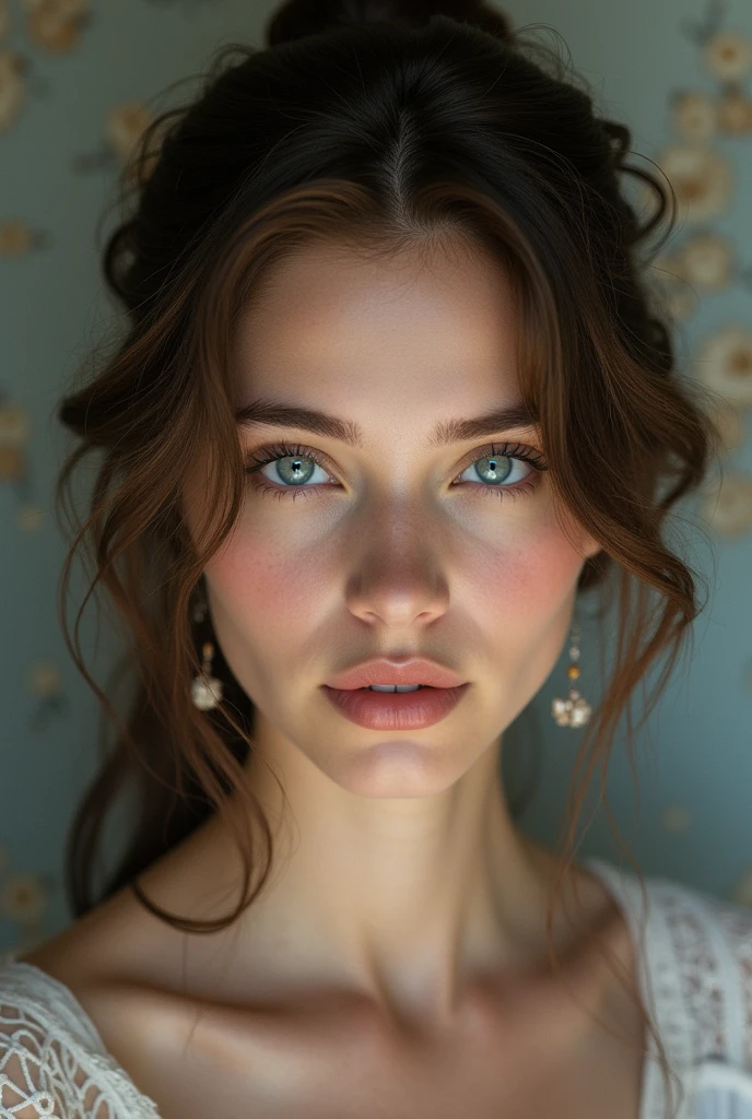 jeune fille de 20 ans, brune, smooth hair, refined visage, blue eyes, ukrienne/French 